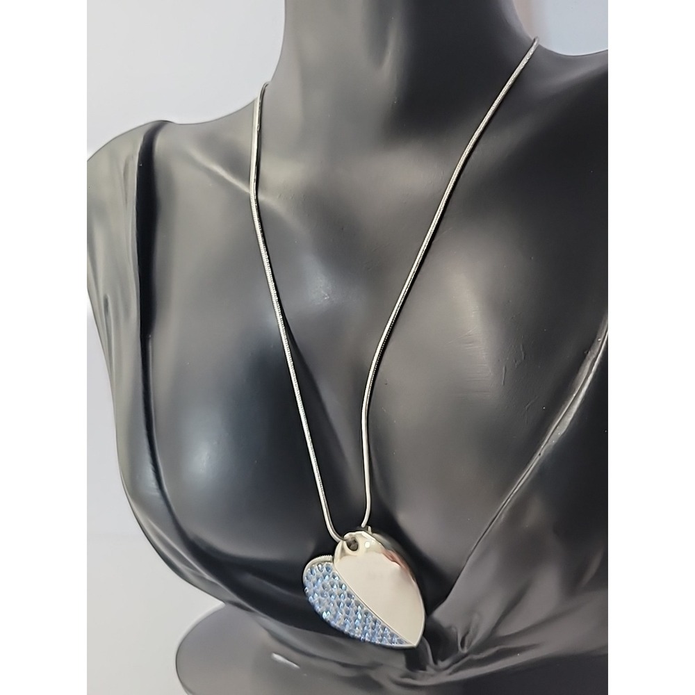 Vintage Necklace Heart‎ Blue Crystals Silver Tone Flash Drive Silver Tone Chain